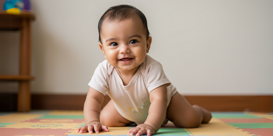 Adorable baby learning how to crawl on a play mat