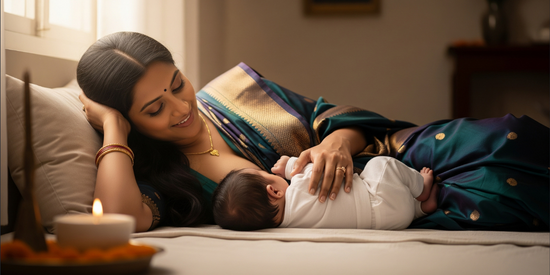 Mother breastfeeding newborn in side-lying position.
