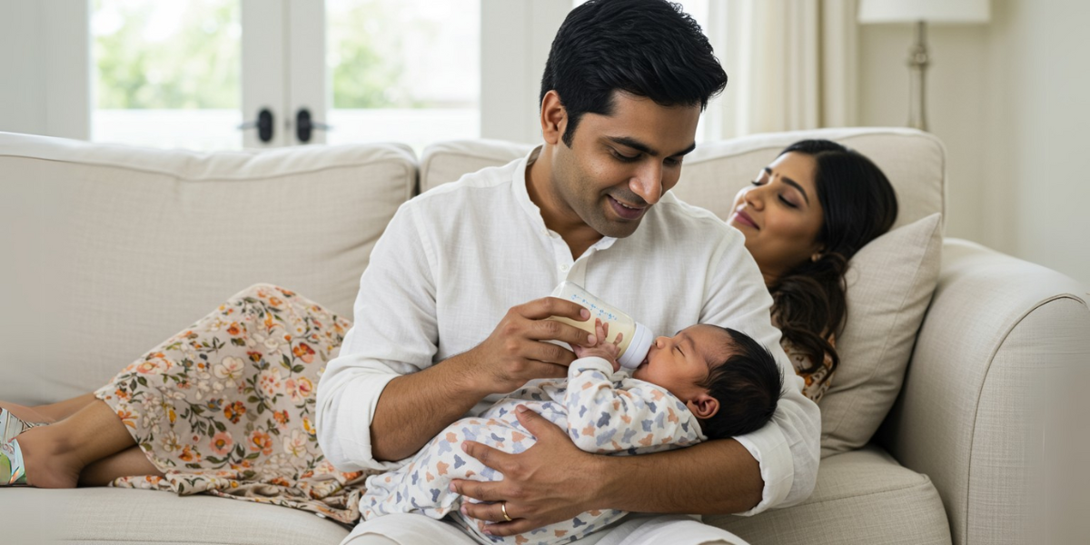 Father bottle feeding baby to support shared parenting
