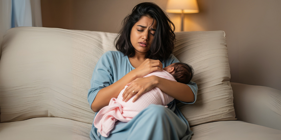 Tired mother holding her baby