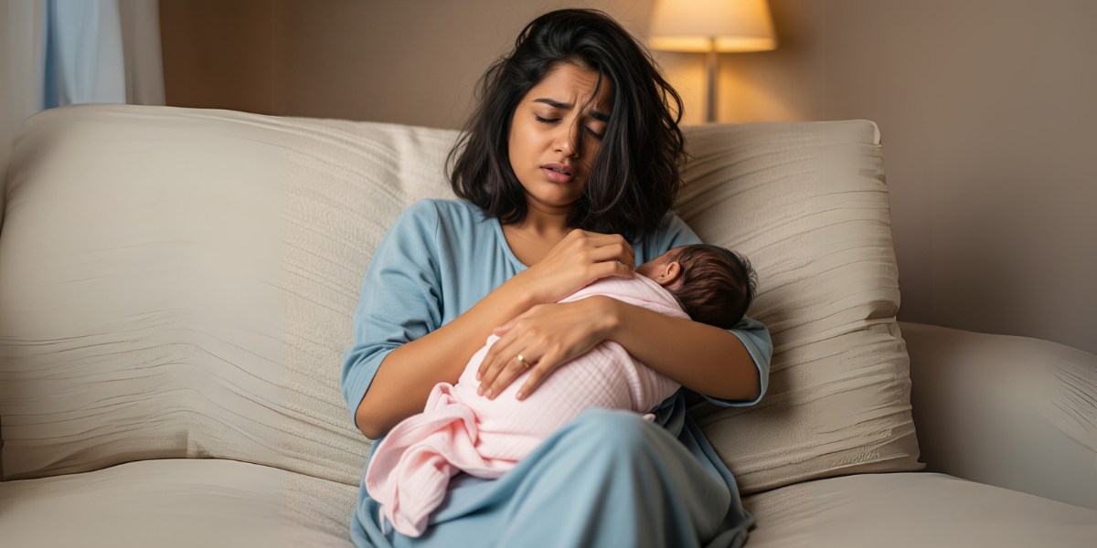 Tired mother holding her baby