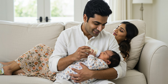 Father bottle feeding baby to support shared parenting