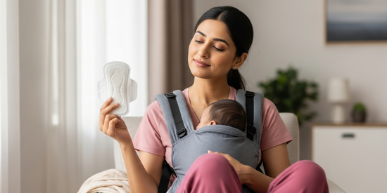 Indian mother holding a sanitary pad in one hand while carrying her baby in a front baby carrier, symbolizing her first period after pregnancy