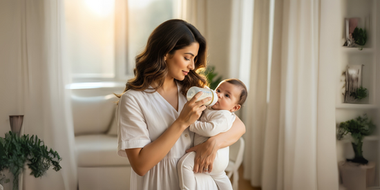  Mother feeding her baby with a bottle of formula milk 