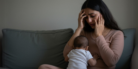New mom sitting with her baby, experiencing postpartum blues or depression