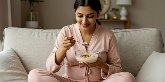 New mom enjoying a warm bowl of traditional postpartum kheer for recovery